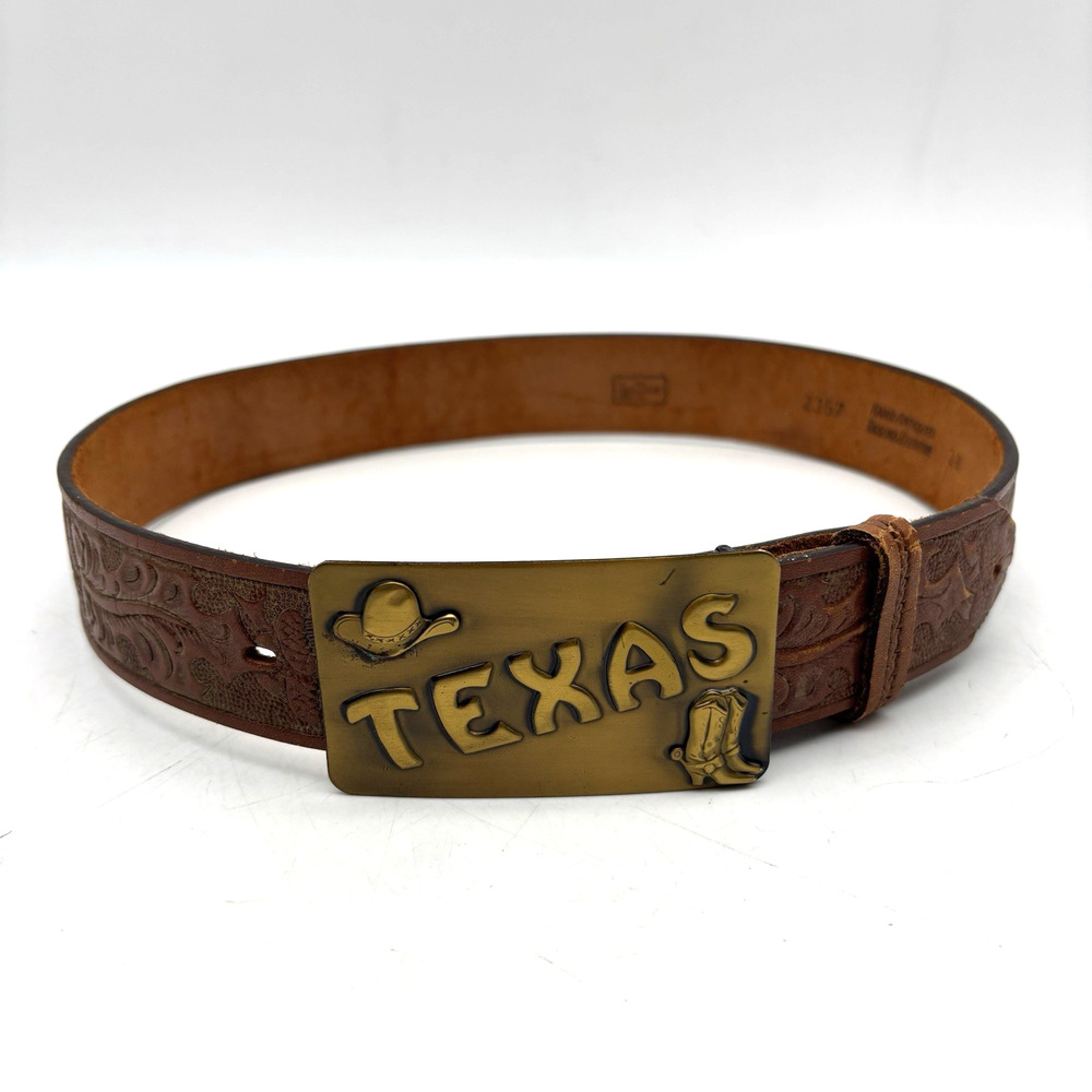 Vintage 70s Lyntone 2357 Brown Acorn Tooled TEXAS Solid Brass Buckle Belt 26-29"